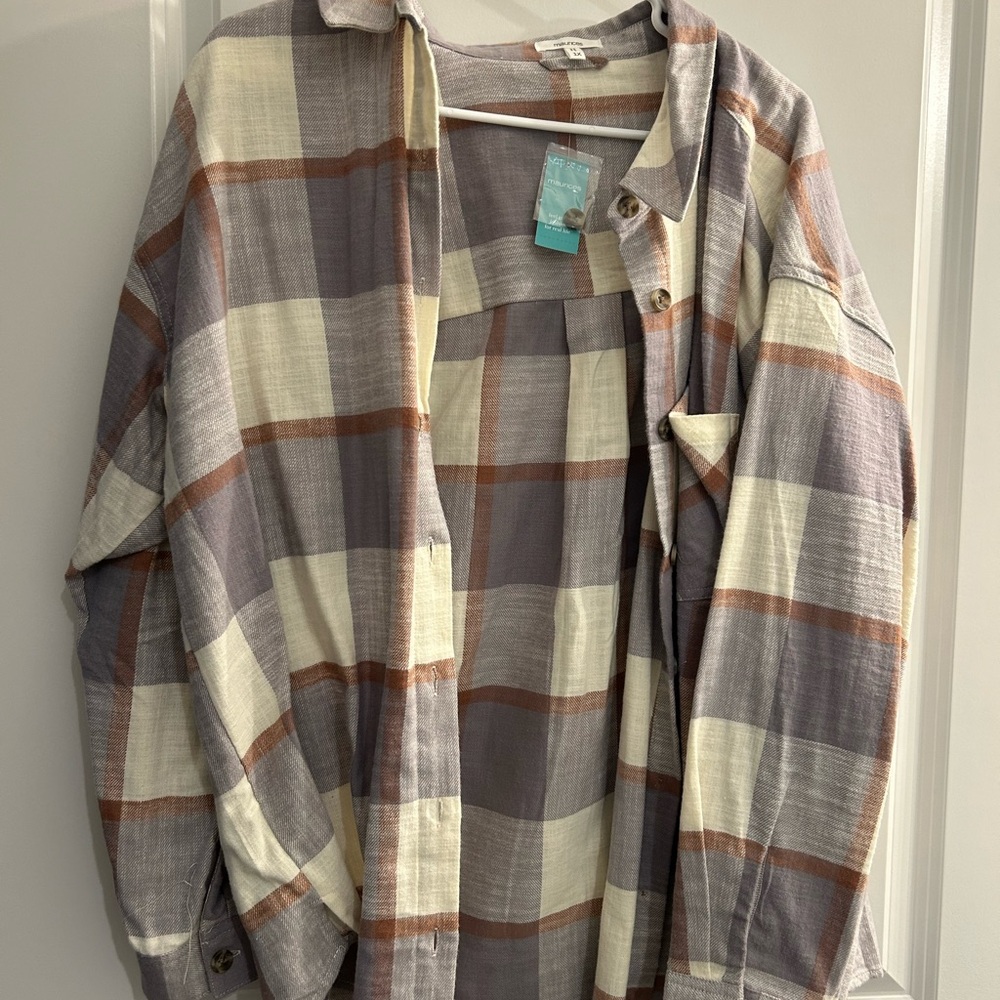 Maurices Plaid Button-Down Shirt in Cream, Gray & Brown Tones